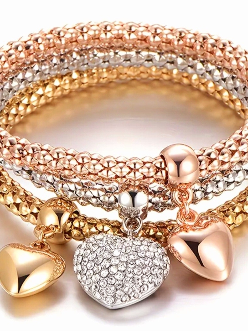 Multi-Tone Heart Charm Bracelet Set - Gold, Silver & Rose Gold - Picture 2 of 6